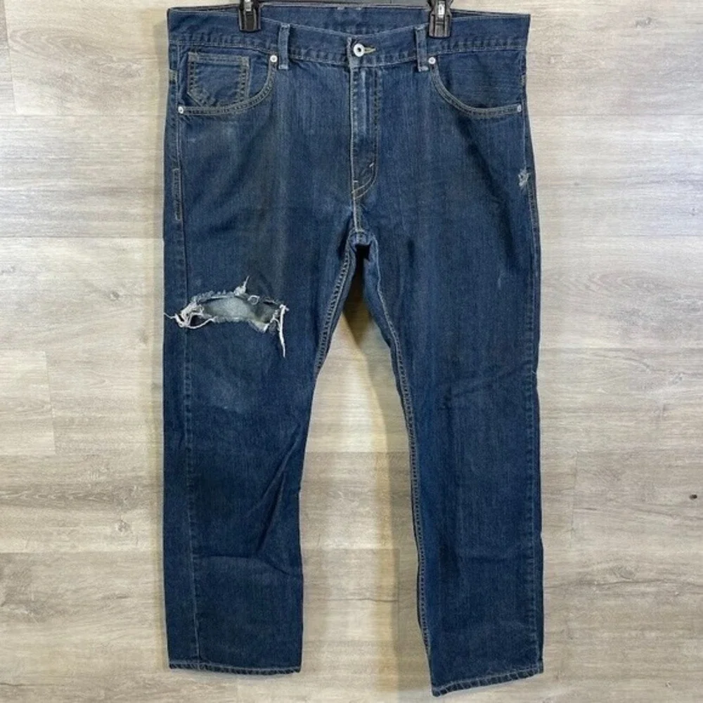 Levis Jeans Mens Size 38x32‎ Blue 514 Flap Pocket Distressed Straight Dark Wash